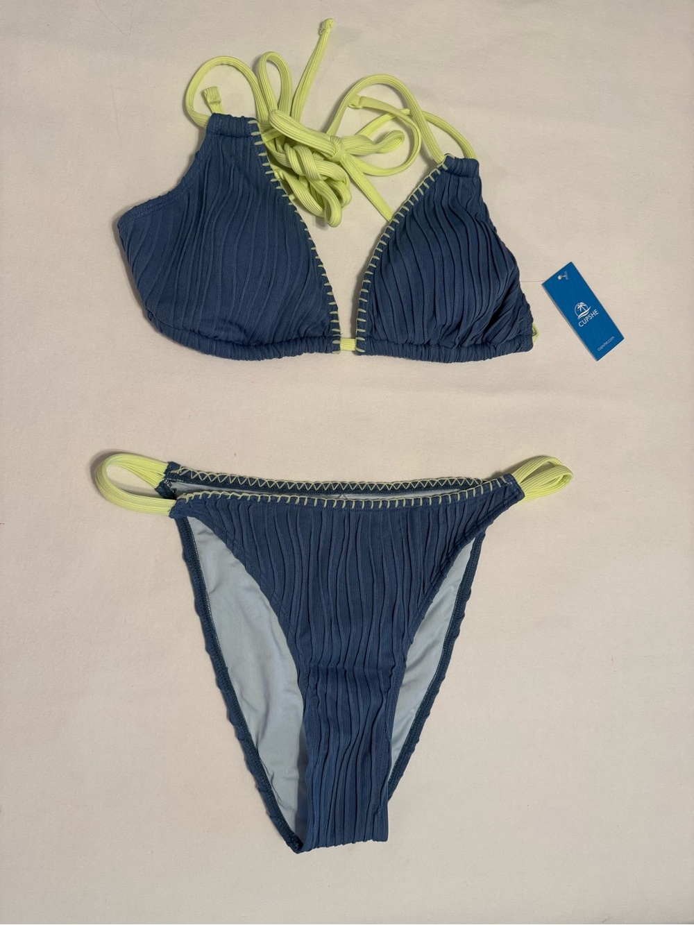 NWT Cupshe bikini size medium. Slate blue w/yellow trim.